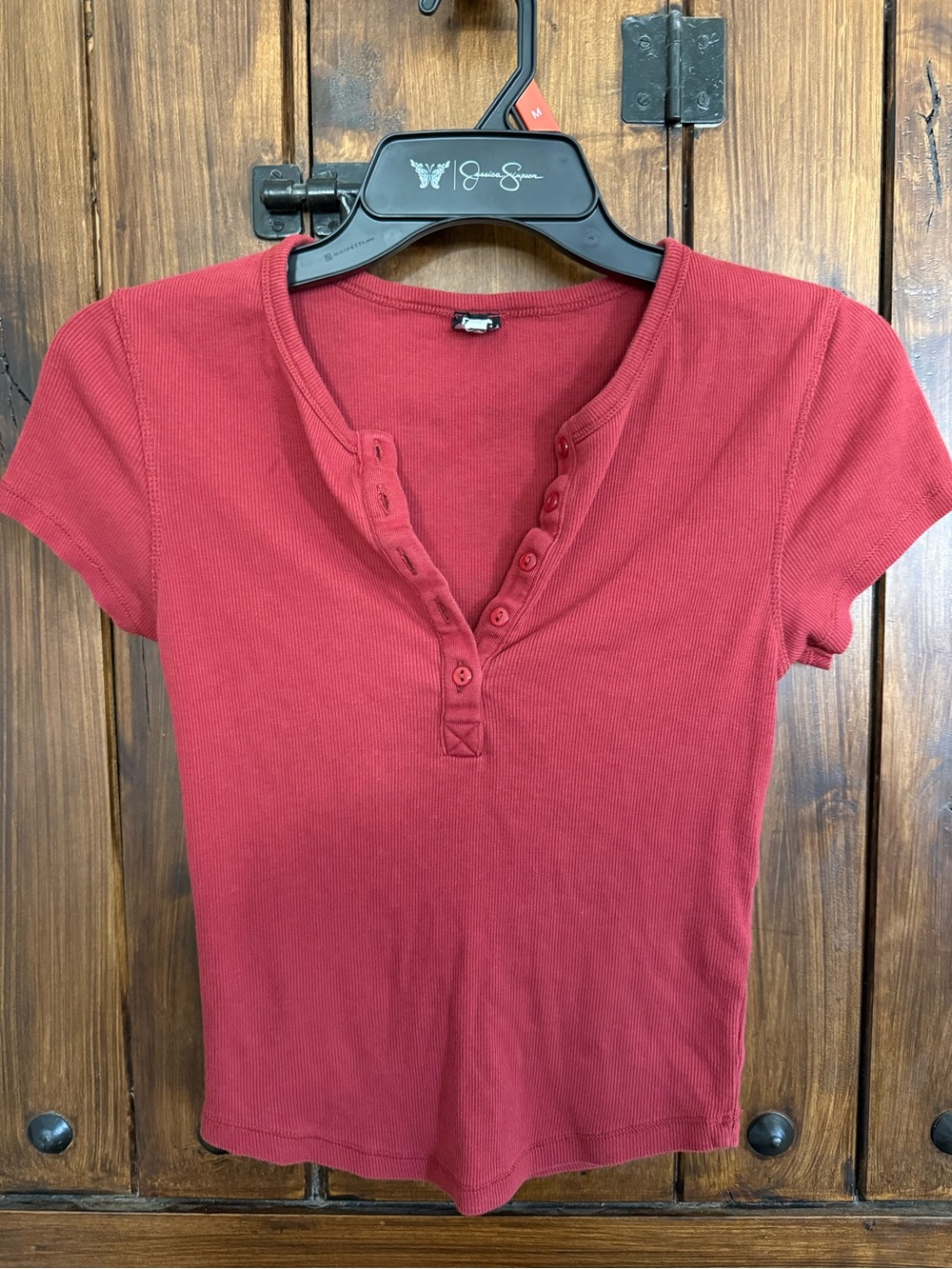 BDG Womens Burgundy Henley Short-Sleeve Top - Picture 2 of 5
